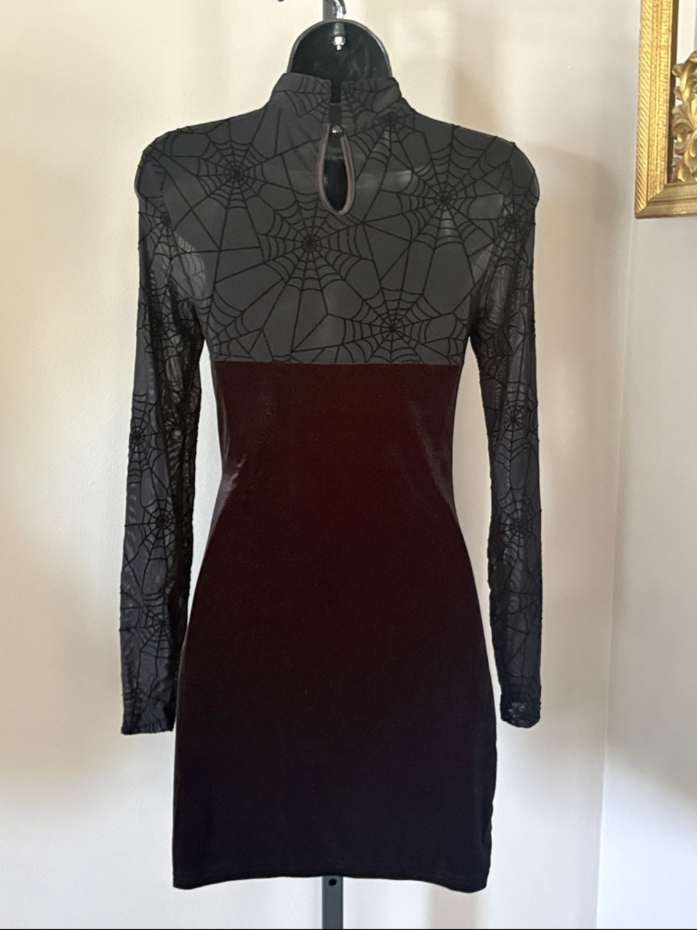 Black Velvet Gothic Spiderweb Mini Dress with Pearl Chains XS - Picture 3 of 6